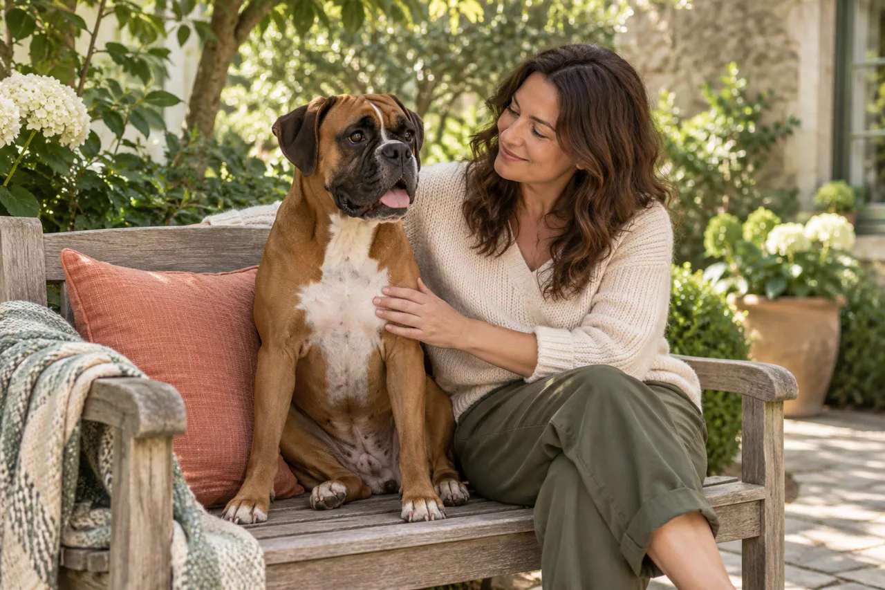 Fawn Boxer with a white chest seated beside its owner on a shaded garden bench